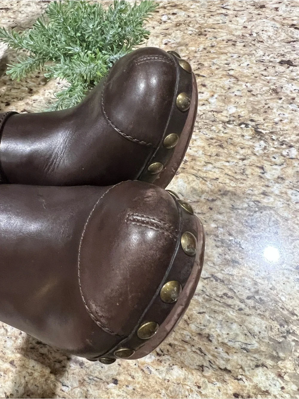 Chanel Brown Leather Interlocking CC Studded Platform Clog Mules 37.5